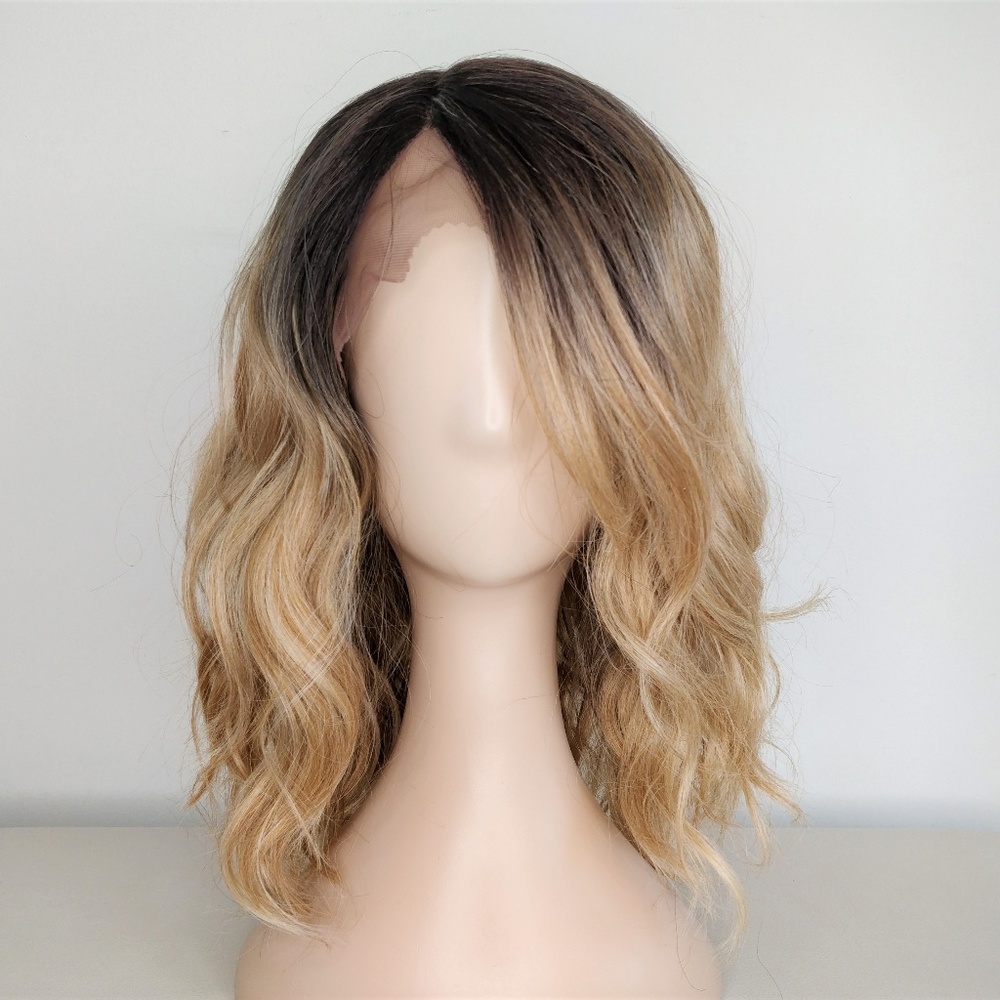 14" Lace Front Black Roots Ash Blonde Wig